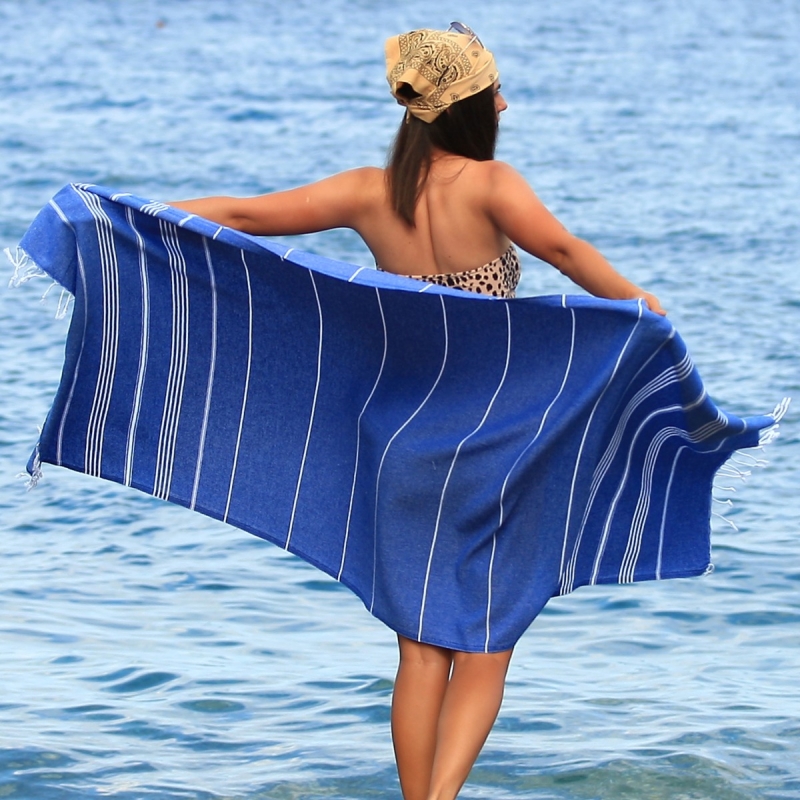 Lina Turkish Cotton Peshtemal Beach Towel-Sax Blue